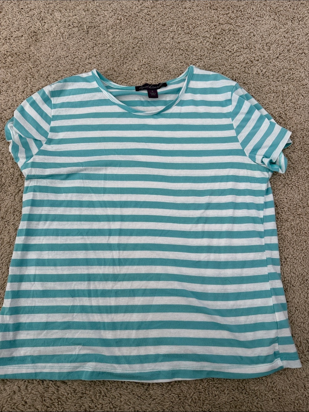 Gloria Vanderbilt Aqua and White Striped Short Sleeve Tee